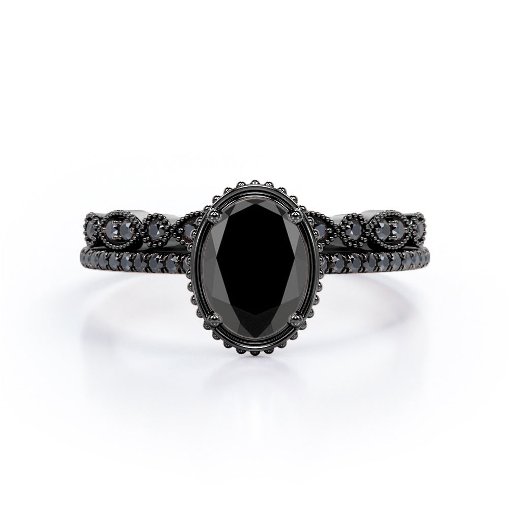 Prong Milgrain Bezel - 1.65 TCW Oval Shaped Lab Created Black Diamond - Pave Filigree Bridal Set in White Gold