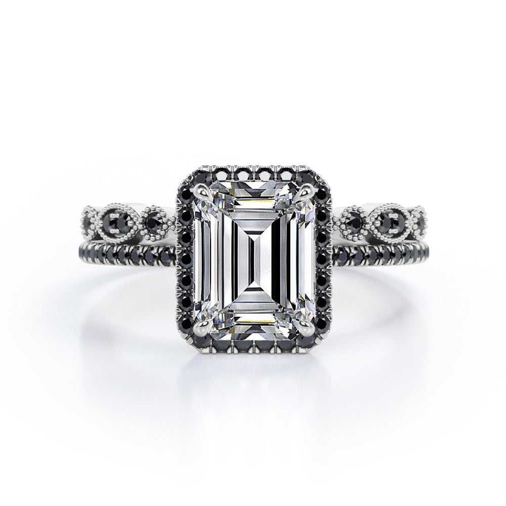 Art Deco Filigree Milgrain 1.65 TCW Emerald Cut Moissanite with Lab Created Black Diamond Halo-Style Wedding Set in Rose Gold