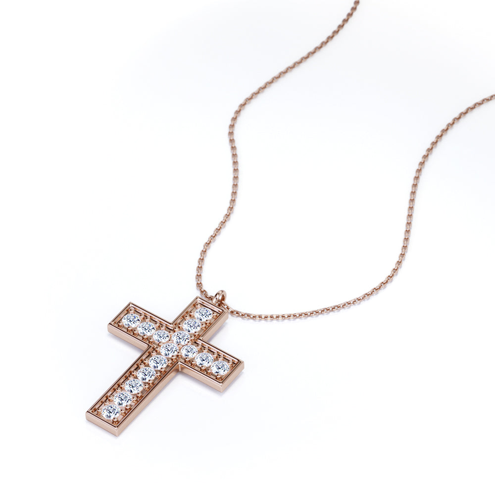 Pave-Channel 0.15 TCW Round Cut Moissanite Cross Pendant Necklace in 18K White Gold Plating over Silver