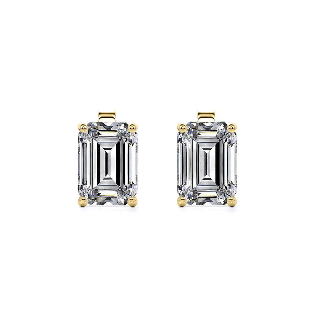 Minimalist 2 Carat Emerald Cut Moissanite Solitaire Stud Earrings In 18K Yellow Gold Plating Over Silver