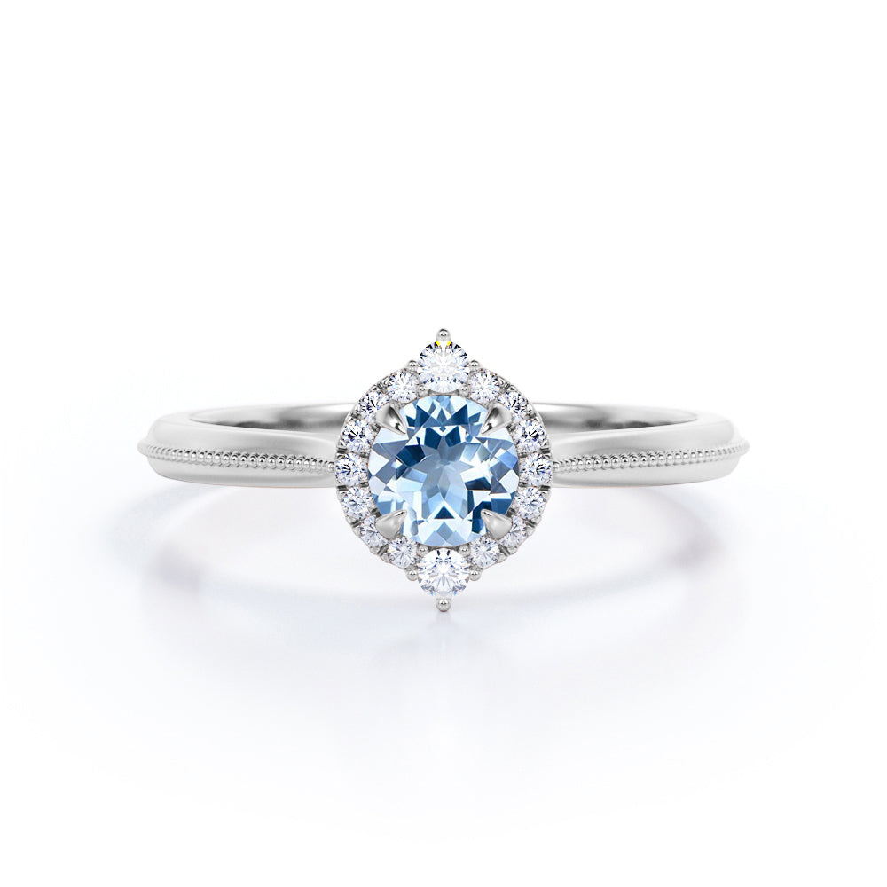 1.15 Carat Round Cut Aquamarine And Diamond Halo Engagement Ring In White Gold