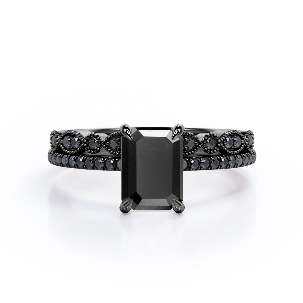 Milgrain Filigree - 1.55 TCW Emerald Cut Lab Created Black Diamond - Pave Accented Bridal Ring Set in White Gold