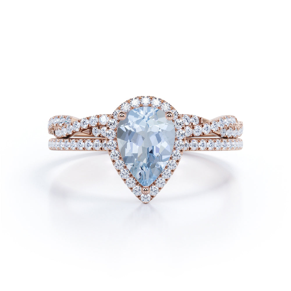 1.65 Carat Pear Cut Aquamarine And Diamond Halo Wedding Ring Set In White Gold