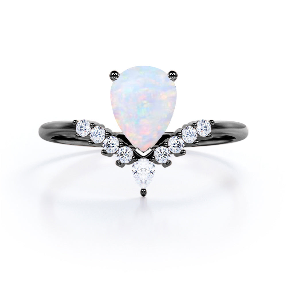 Modern 1.25 Carat Pear Cut White Opal And Diamond V Shaped Style Engagement Ring For Women In White Gold