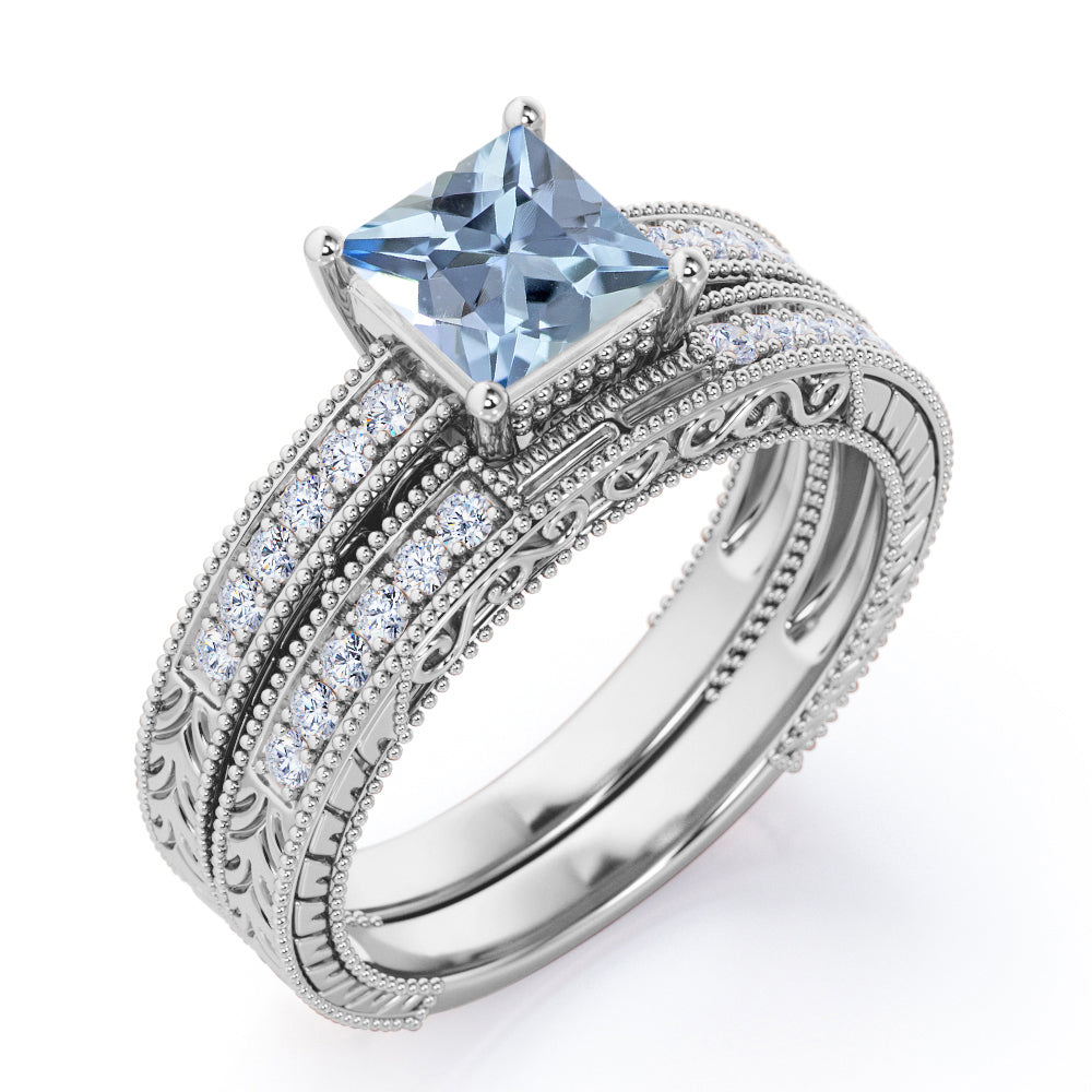 1.4 Carat Princess Cut Aquamarine And Diamond Vintage Wedding Ring Set In White Gold