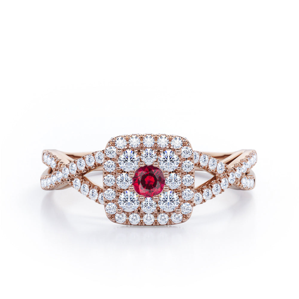 Pave Crossover - 1.25 Carat Round Cut Ruby - Flush Cluster Halo Engagement Ring in White Gold