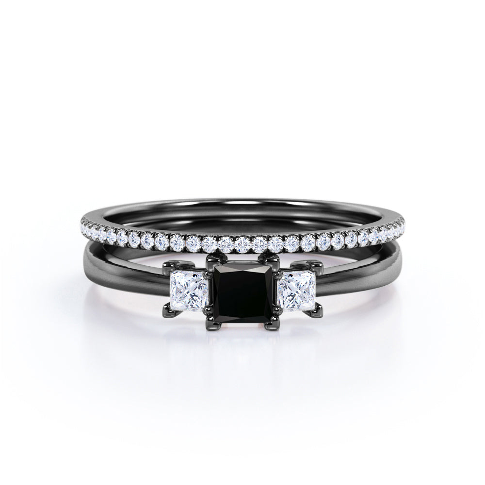 1.45 Carat Princess Cut Lab Grown Black Diamond Trilogy Wedding Ring Set In White Gold