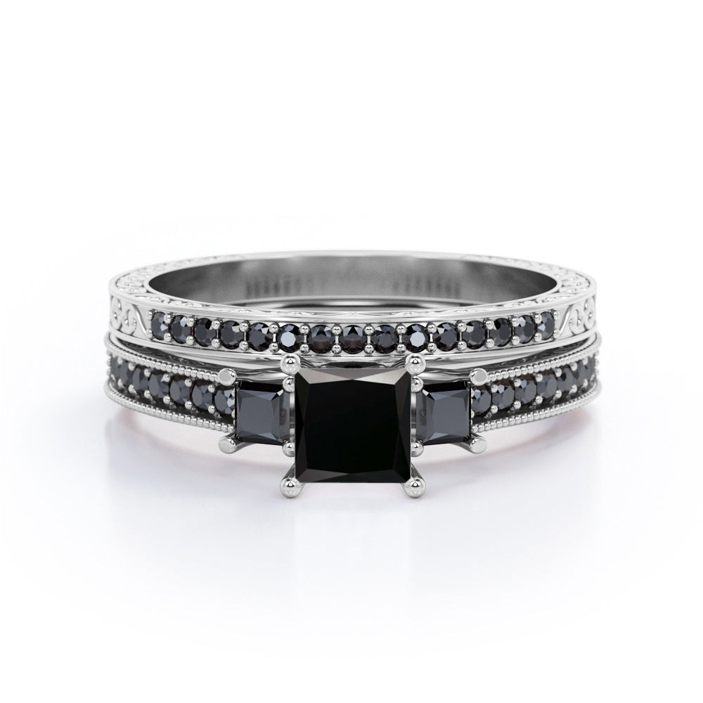 Art Deco 3-Stone 1 TCW Princess Cut Lab Created Black Diamond Cathedral Pave-Channel Wedding Ring Set in White Gold