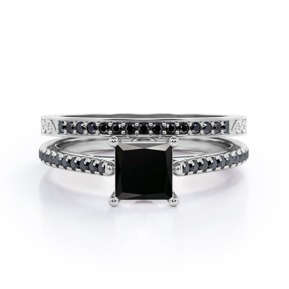 Art Deco Prong 1.5 TCW Princess Cut Lab Created Black Diamond Bridal Set with Pave Accents in White Gold