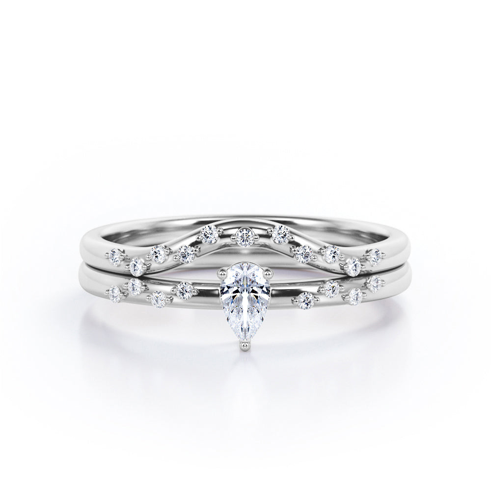 2-Prong Flush - 0.4 TCW Teardrop Cut Diamond - Curved Minimalist Wedding Ring Set in White Gold