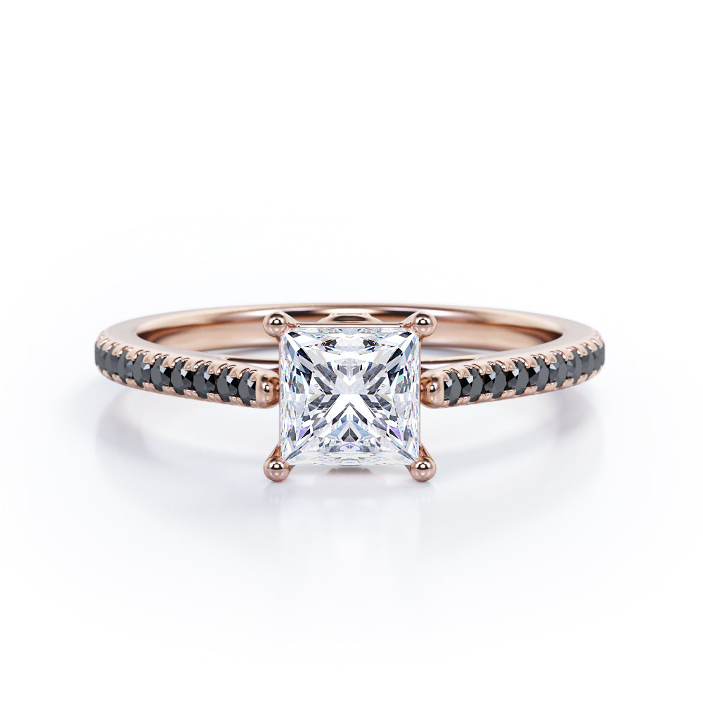 1.25 TCW Princess Cut Moissanite with Lab Created Black Diamond - Pave Setting - Prong Engagement Ring in Rose Gold