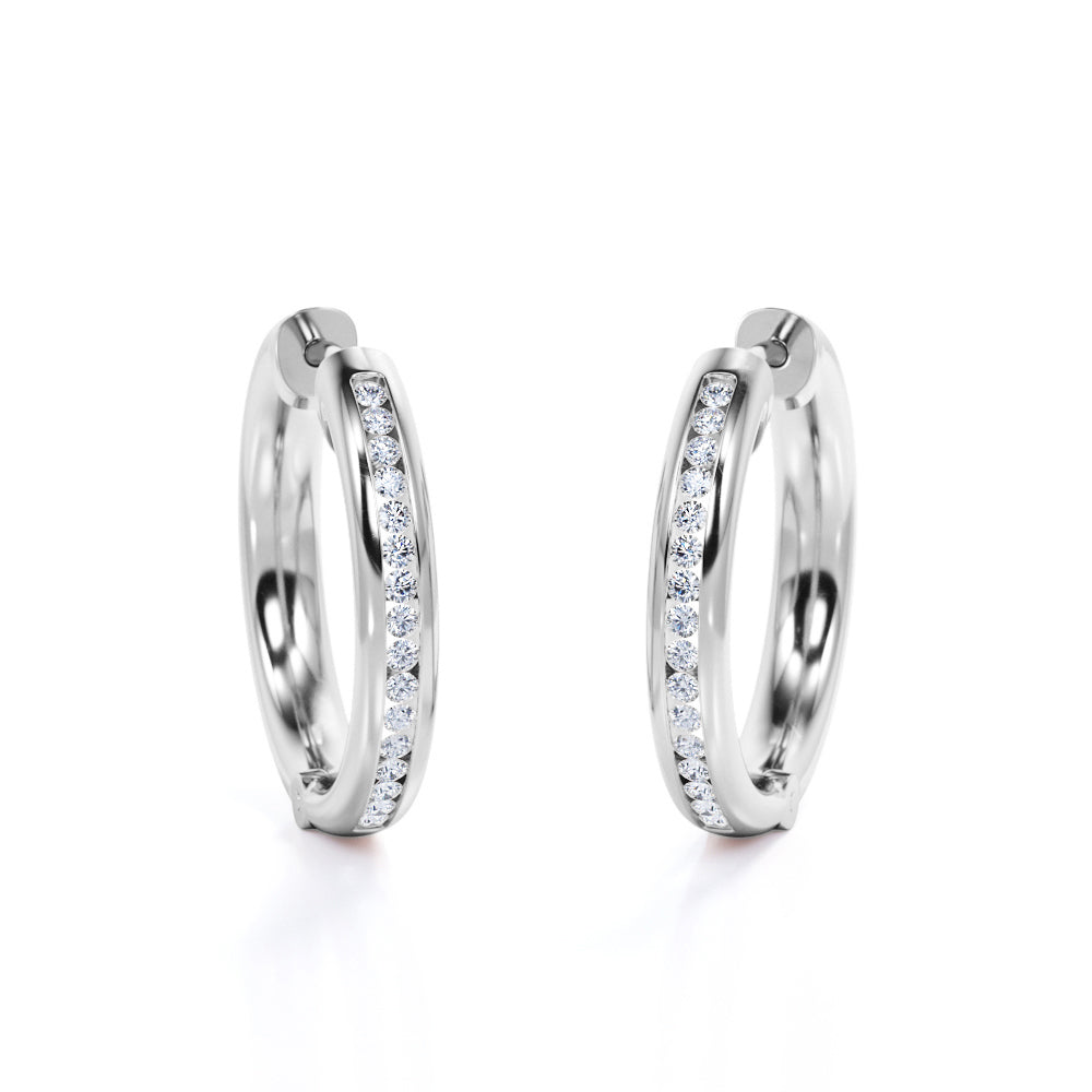 Alluring Half Eternity - 0.7 Carat Round Shape Diamond - Pave Channel - Chunky Hoop Earrings - 18K Black Gold Plating over Silver