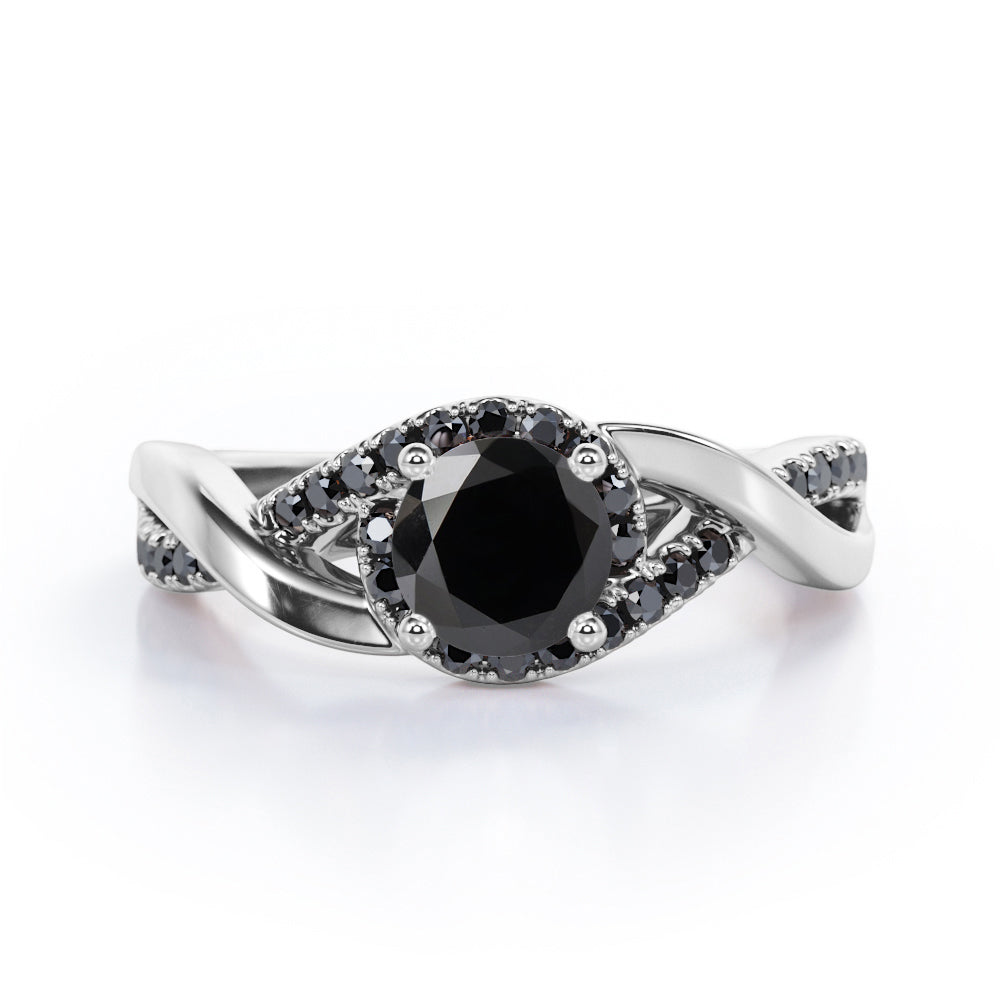 Tensioned Halo Set - 1.25 TCW Round Shaped Lab Created Black Diamond - Semi Pave Infinity Engagement Ring in White Gold