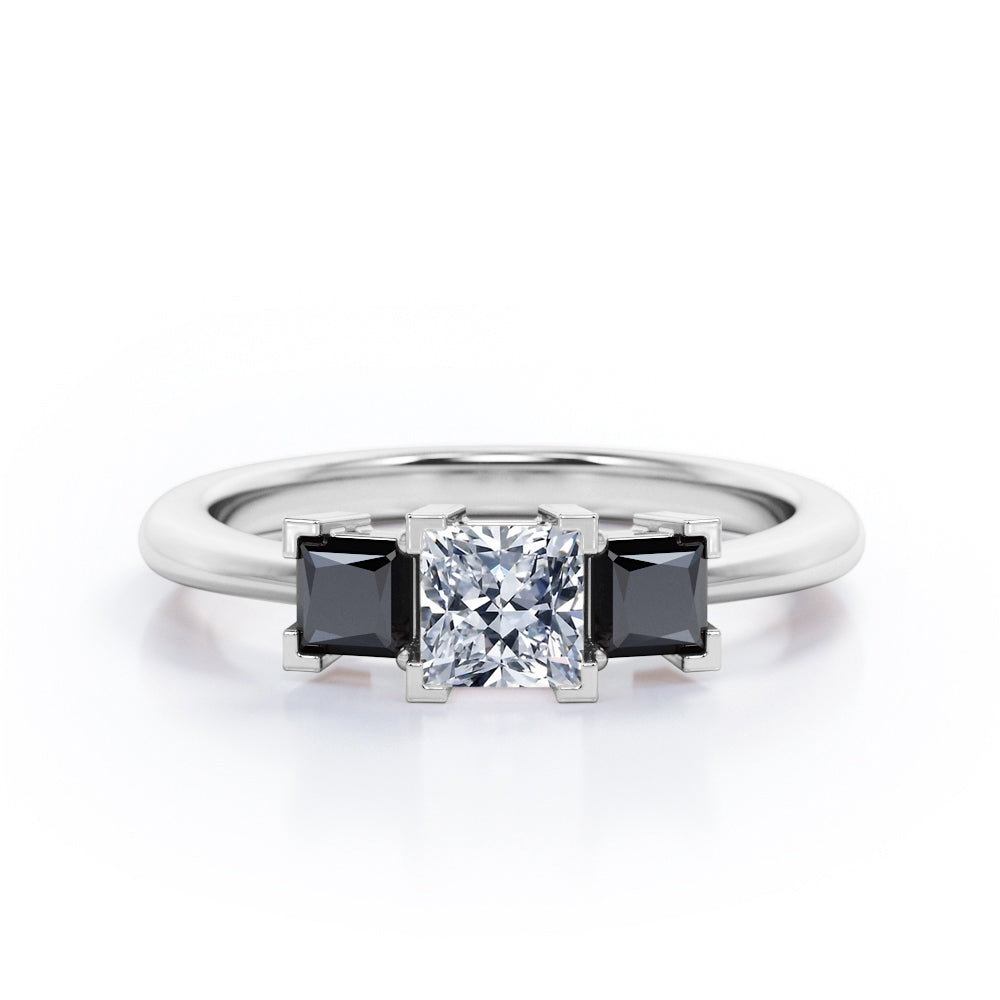 Minimalist Square V-Prong - 0.45 TCW Princess Cut Diamond with Lab Created Black Diamond - Three-Stone Engagement Ring - 10K White Gold