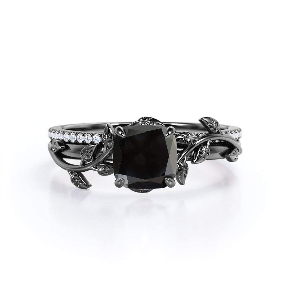 1.25 carat cushion cut Black Diamond nature inspired wedding ring set in white gold