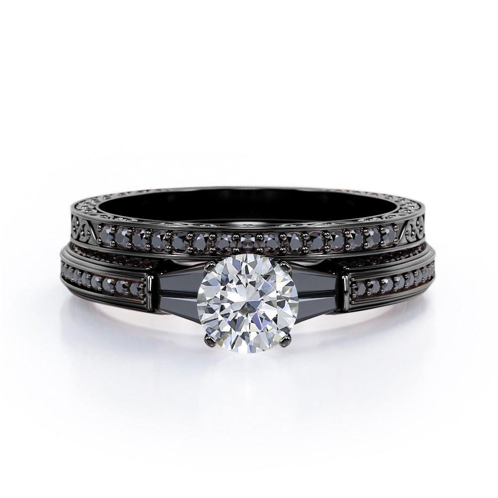 Art Deco 5-Stone 0.75 TCW Round Shape Diamond with Lab Created Black Diamond Triple Pave-Channel Wedding Set in 10K White Gold