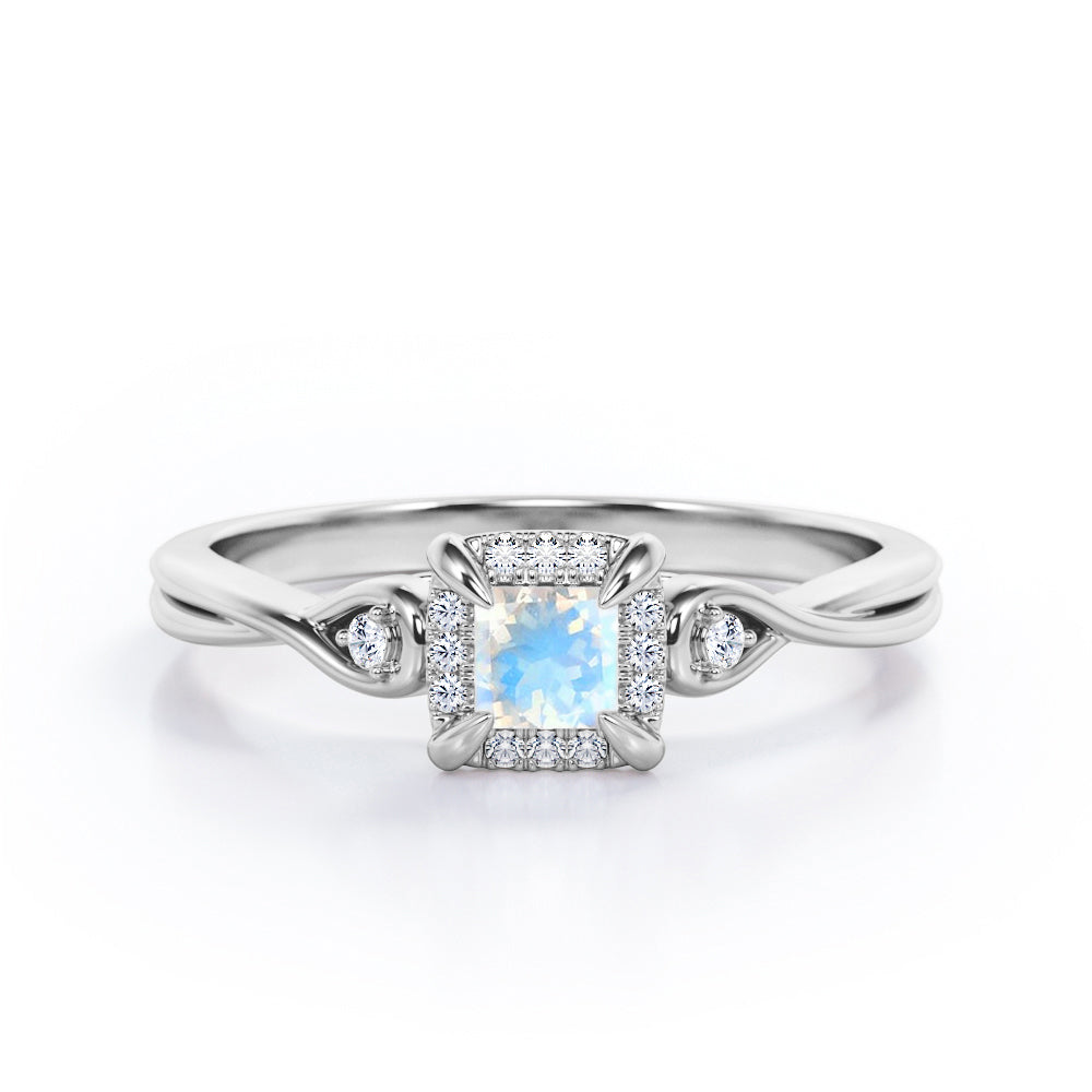 Prong and Halo 0.6 carat Princess Moonstone and Moissanite Twisted Shank Engagement Ring in White Gold