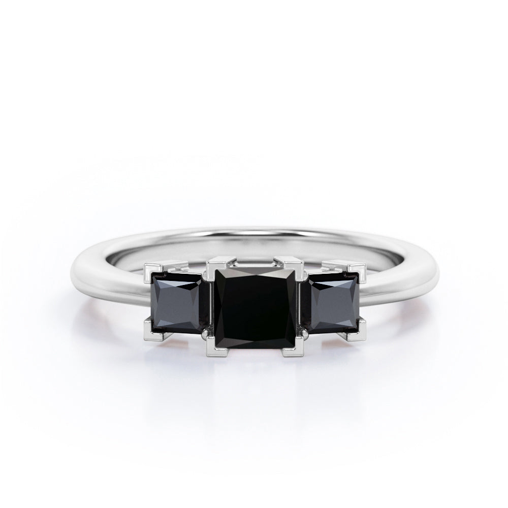 Minimalist Square V-Prong - 1.2 TCW Princess Cut Lab Created Black Diamond - Three-Stone Engagement Ring in White Gold