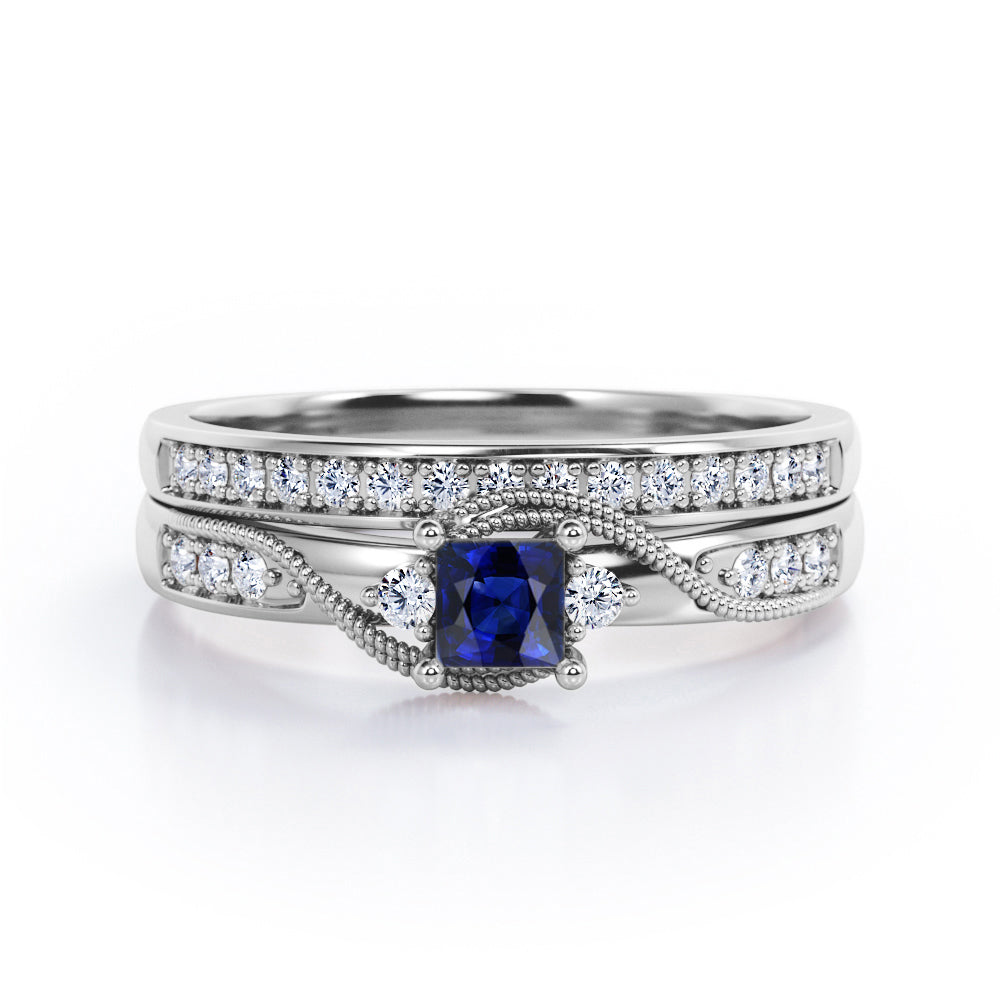 Trilogy Duo Milgrain 0.7 TCW Princess Cut Blue Sapphire and Moissanite Vintage Bridal Ring Set in Rose Gold