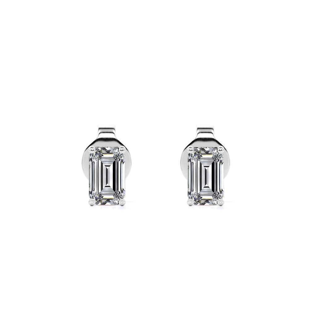 0.25 Carat Emerald Cut Diamond - Minimalist Solitaire Stud Earrings - 18K White Gold Plating Over Silver