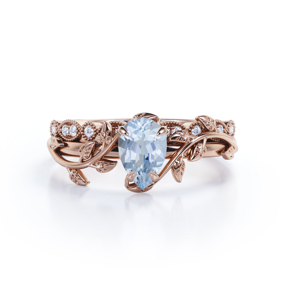 1.2 Carat Pear Cut Aquamarine And Diamond Leaf Art Deco Wedding Ring Set In White Gold