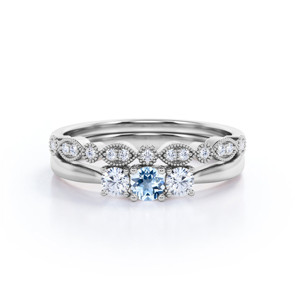 1.10 Carat Round Cut Aquamarine And Diamond Art Deco Wedding Ring Set In White Gold