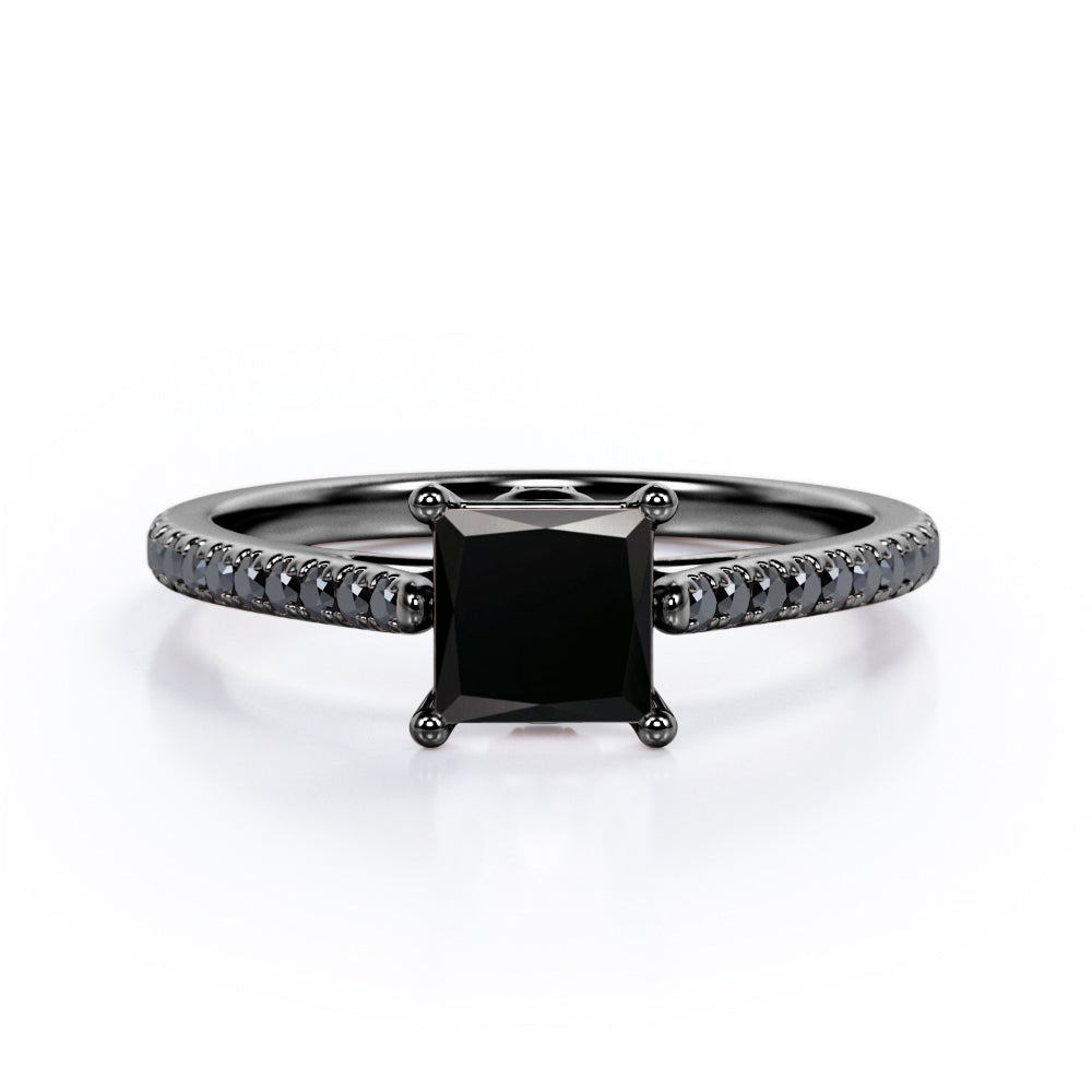 1.25 TCW Princess Cut Lab Created Black Diamond - Pave Setting - Prong Engagement Ring in White Gold