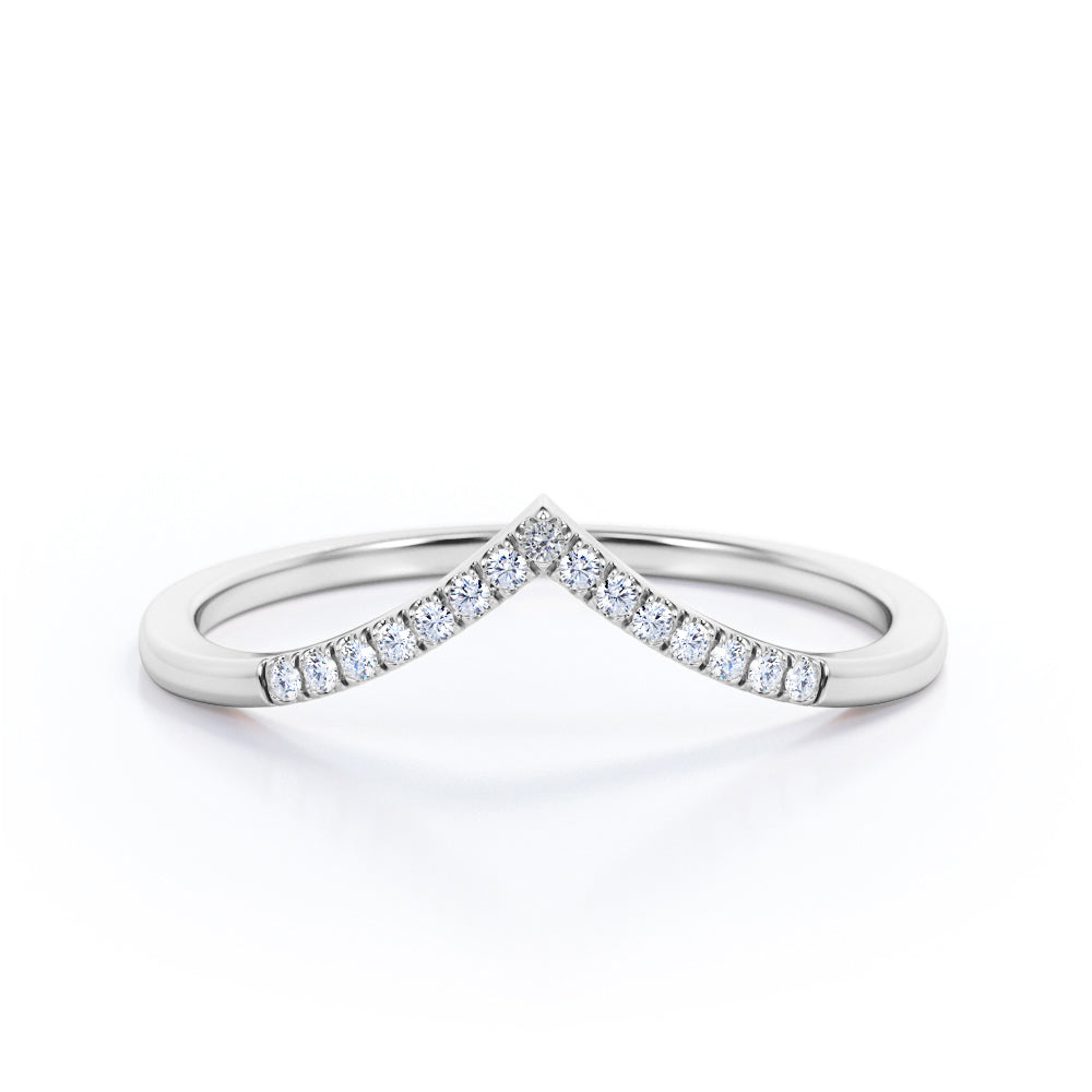 V-Curved Band - 0.15 TCW Round Shape Moissanite- Classic Pave Accented - White Gold