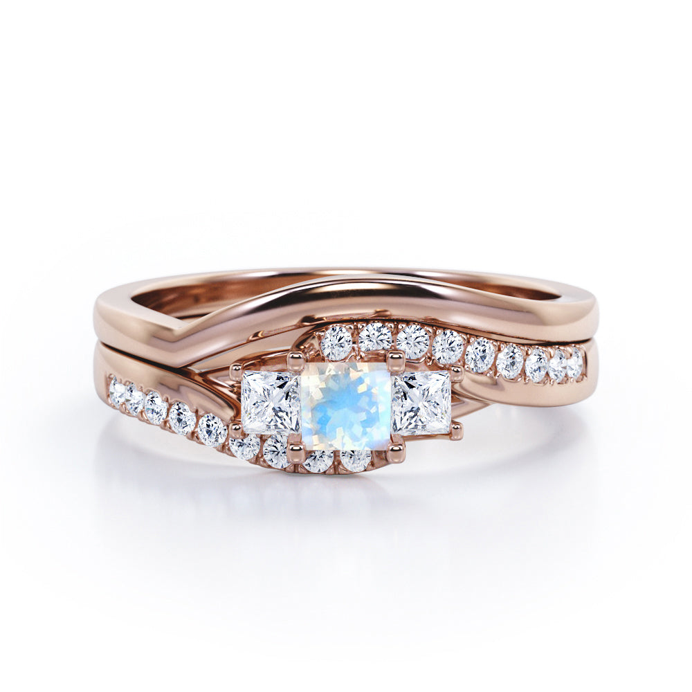 3 Stone Shared Prong - 1 TCW Princess Cut Moonstone and Moissanite - Pave Curved Shank Wedding Set - rose Gold