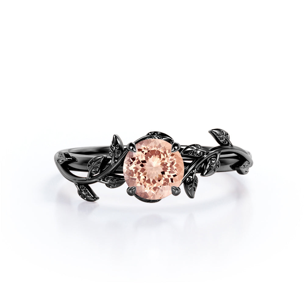 0.50 Carat Round Lab Created Morganite - Leafy Design - Solitaire Engagement Ring - 18K White Gold Plating over Silver