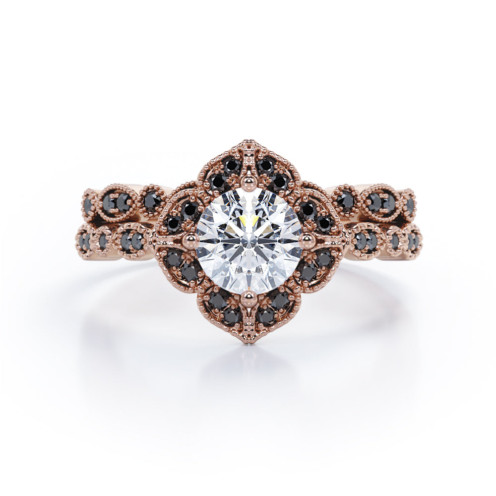 Milgrain Floral Cluster - 1.75 TCW Round Cut Moissanite with Lab Created Black Diamond - Filigree Bridal Ring Set in Rose Gold