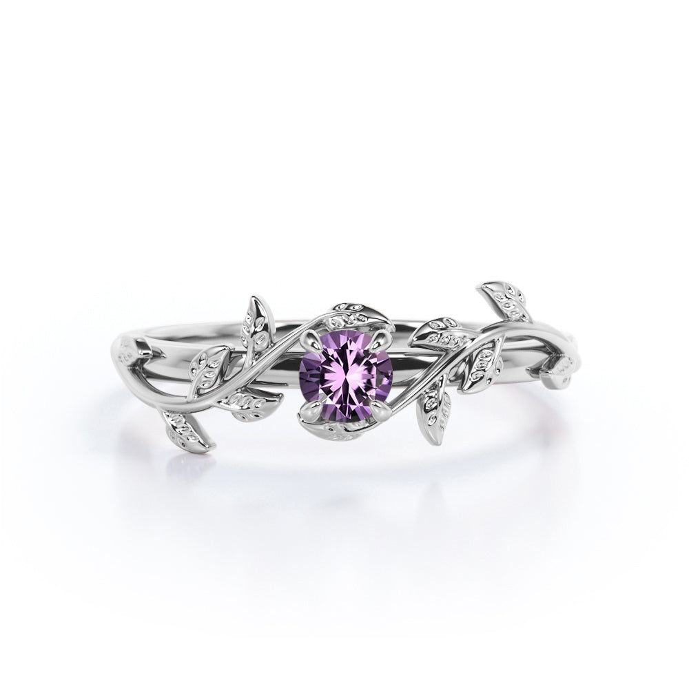 Bohemian Design 0.50 Carat Round Cut Lab Created Purple Amethyst Solitaire Engagement Ring in 18K White Gold Plating over Silver