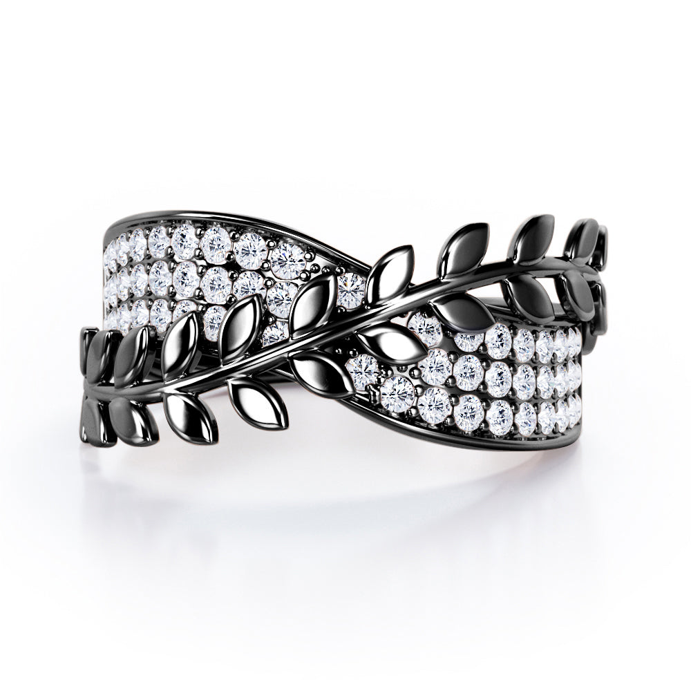 Triple-lined Bright Cut Pave - 0.30 TCW Round Brilliant Cut Diamond - Nature Inspired Stackable Ring - 10K White Gold