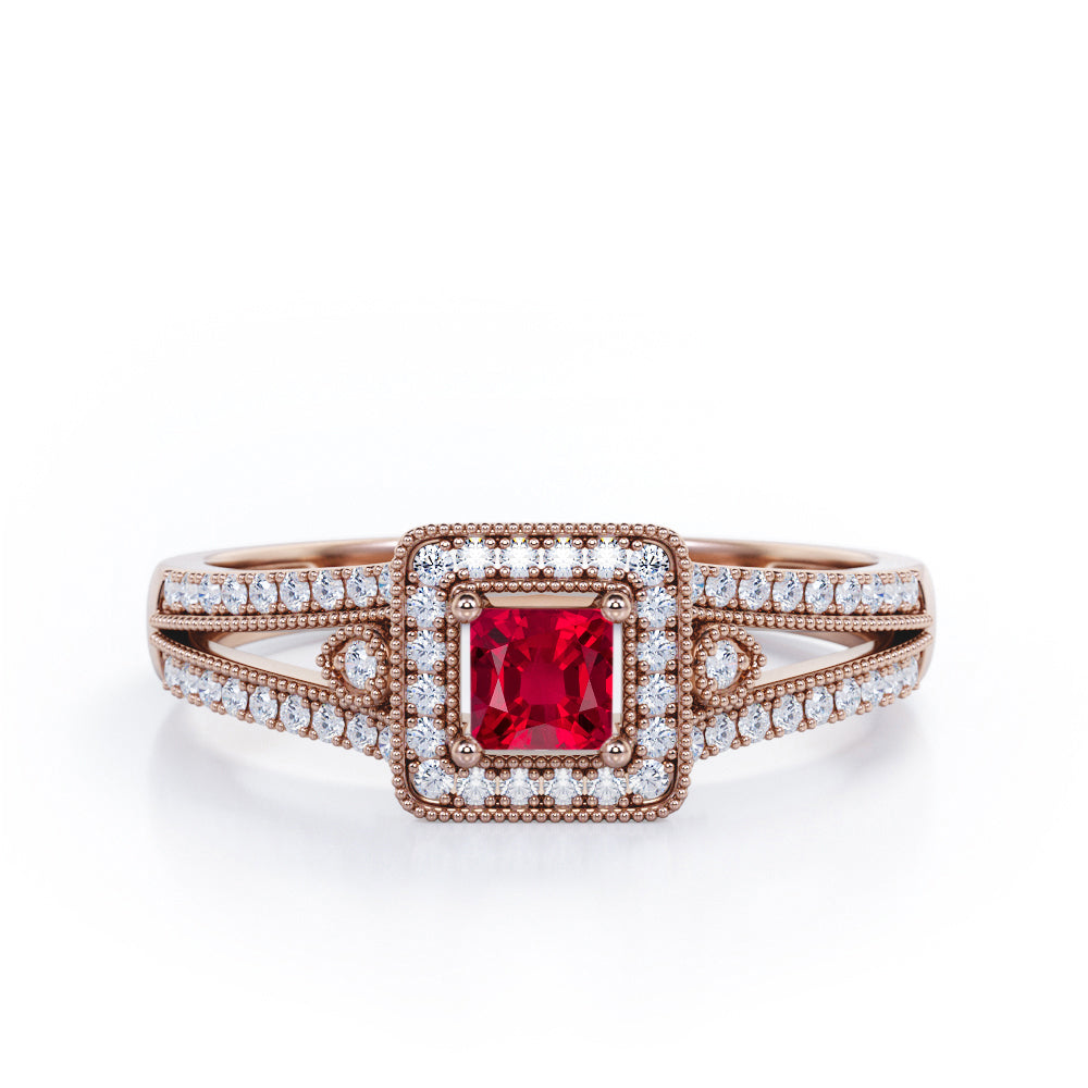 Split-Shanked Pave 1.55 Carat Princess Cut Ruby Milgrain-Bordered Halo Engagement Ring in White Gold