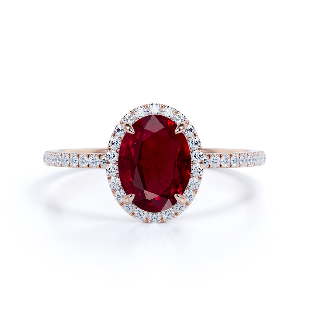 Antique 1.25 Carat Oval Cut Lab-Created Ruby and Diamond Halo Engagement Ring in Rose Gold