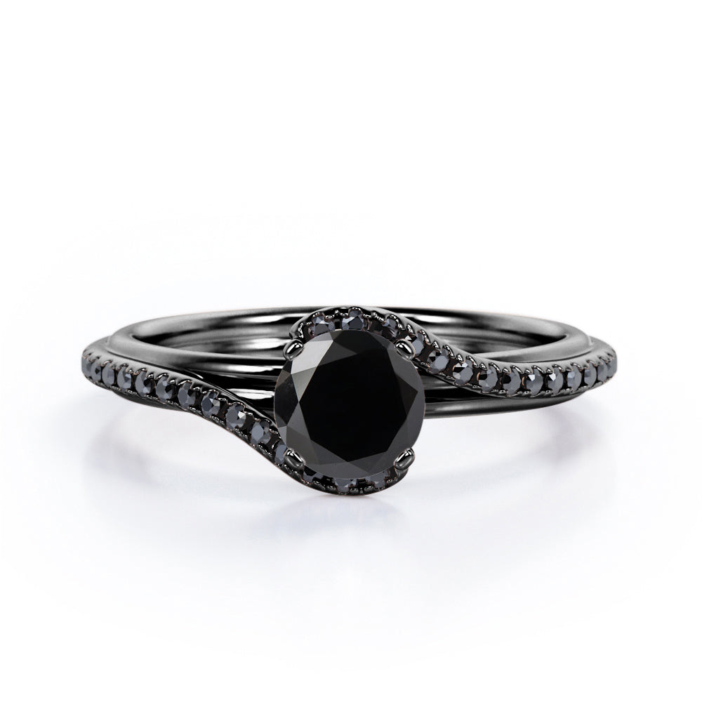 Overlay Double Banded - 1.25 TCW Round Cut Lab Created Black Diamond - Tension Pave Engagement Ring in White Gold