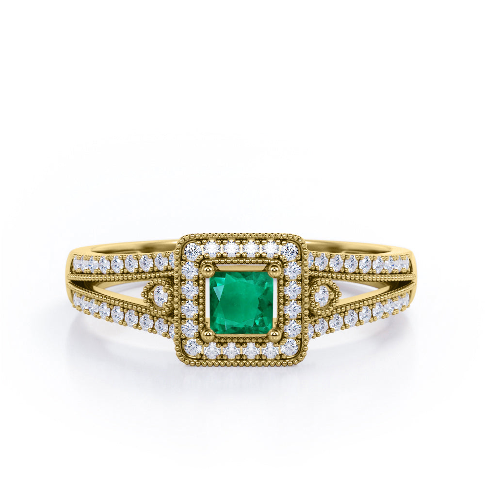 Split-Shanked Pave 1.55 Carat Princess Cut Emerald and diamond Milgrain-Bordered Halo Engagement Ring in White Gold