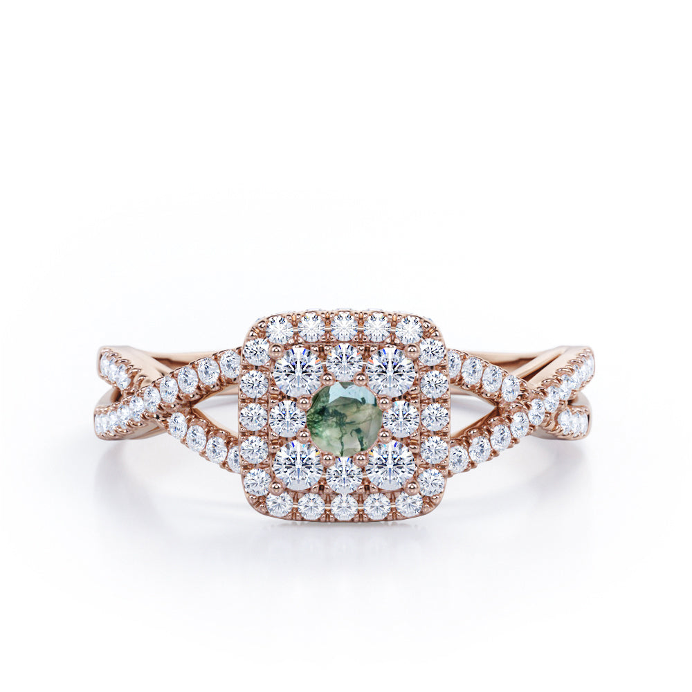 Pave Crossover - 1.25 Carat Round Cut Green Moss Agate and diamond - Flush Cluster Halo Engagement Ring in Rose Gold