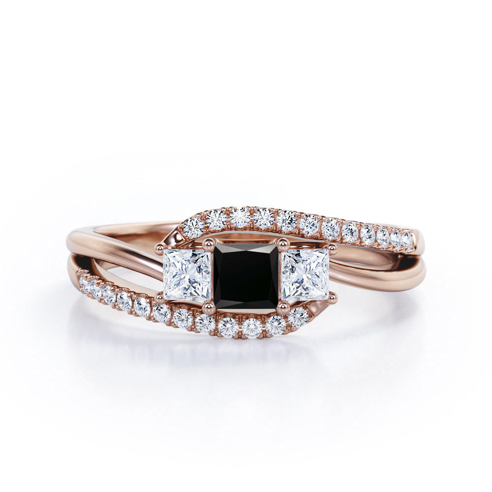 Shared Prongs 1 carat Princess Black Diamond Split Shank Band Engagement Ring in Rose Gold