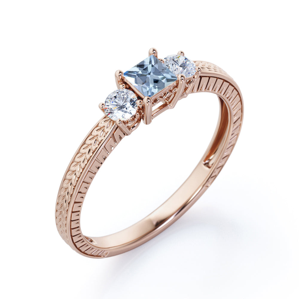 1 Carat Princess Cut Aquamarine And Diamond Vintage Engagement Ring In White Gold