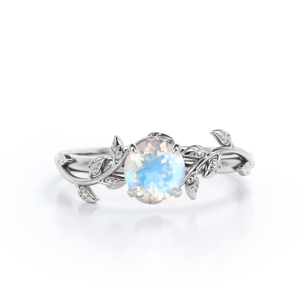 Tree Leaves - 0.50 Carat Round Cut Rainbow Moonstone - Solitaire Engagement Ring - 18K White Gold Plating over Silver