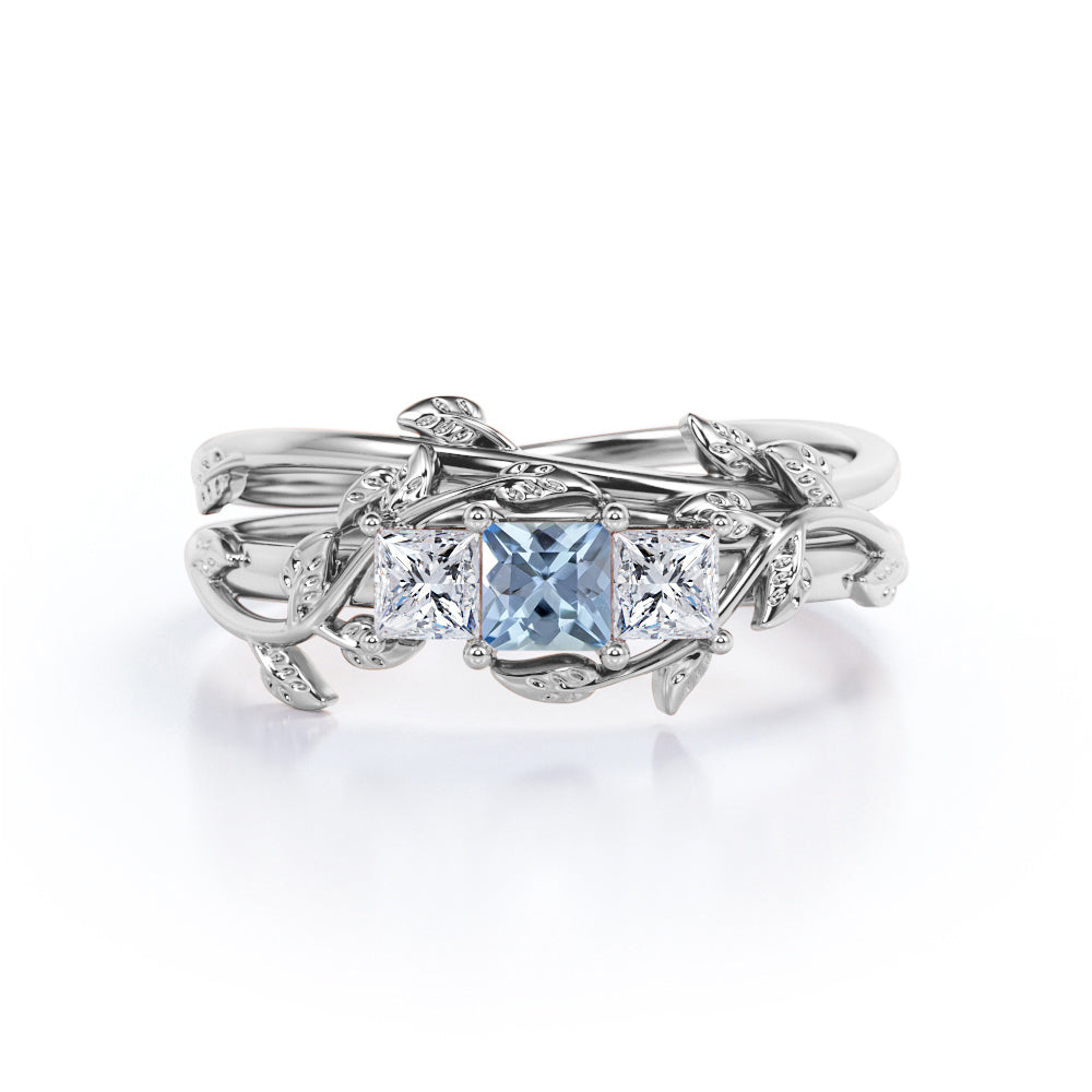 1 Carat Princess Cut Aquamarine And Diamond Leaf Art Deco Wedding Ring Set In White Gold