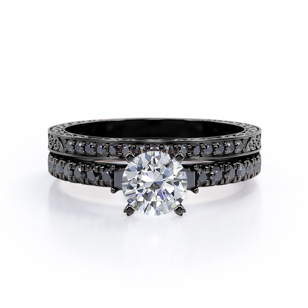 Art Deco Milgrain-Pronged 0.65 TCW Round Brilliant Cut Diamond with Lab Created Black Diamond Pave Bridal Ring Set in 10K White Gold