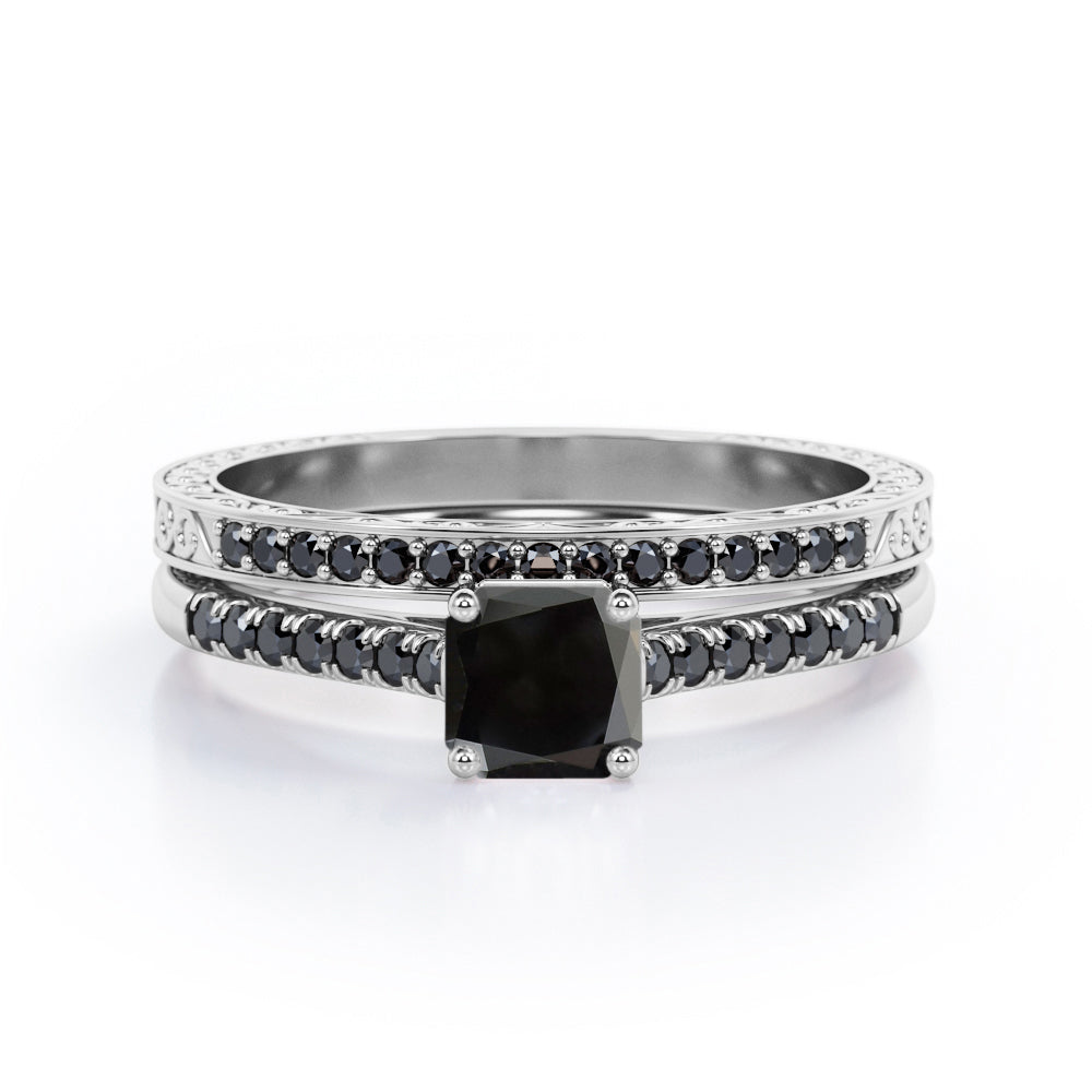 Lattice 1.5 TCW Princess Cut Lab Created Black Diamond 4-Prong Pave Bridal Set in White Gold