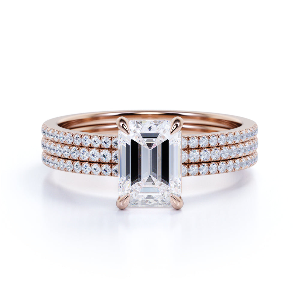 1.75 Carat emerald cut Moissanite and Diamond Trio Wedding Ring Set in 10k Rose Gold