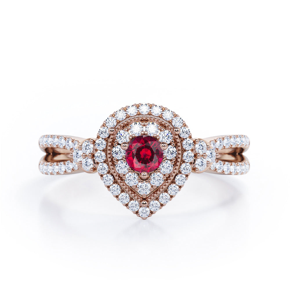 Pear-Shaped Double Halo - 1.7 Carat Round Cut Ruby - Pave Split Shank Engagement Ring in White Gold