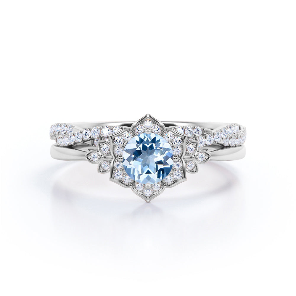 1.45 Carat Round Cut Aquamarine And Diamond Floral Inspired Wedding Ring Set In White Gold