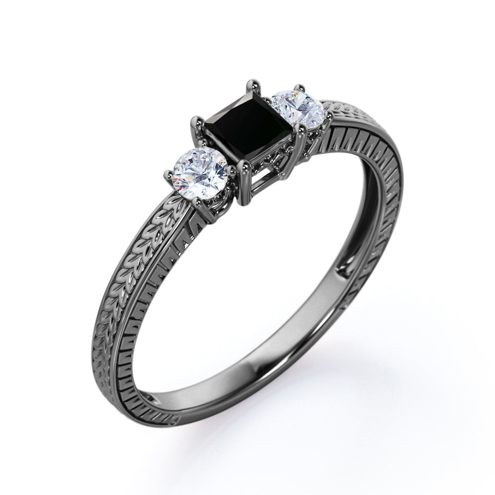 1 carat princess cut Black Diamond art deco engagement ring in white gold