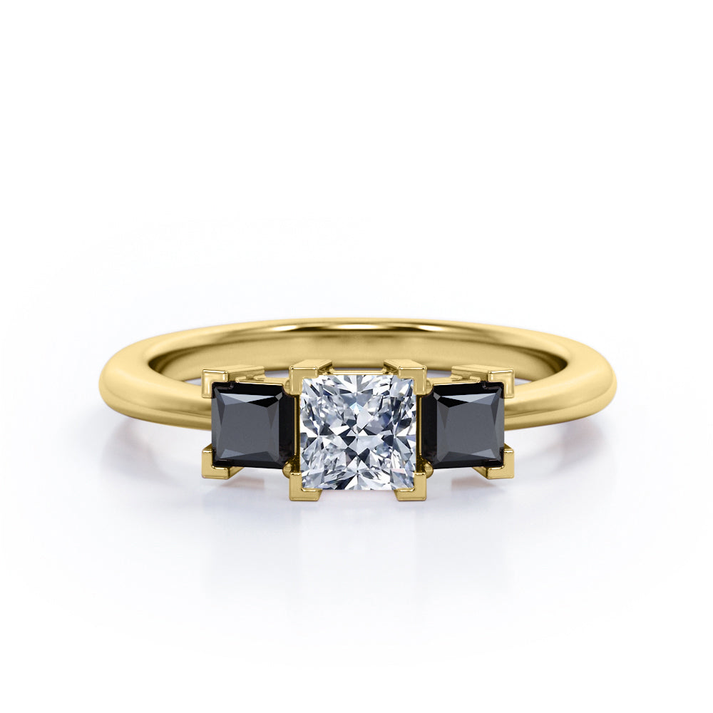 Minimalist Square V-Prong - 1.2 TCW Princess Cut Moissanite with Lab Created Black Diamond - Three-Stone Engagement Ring in Rose Gold