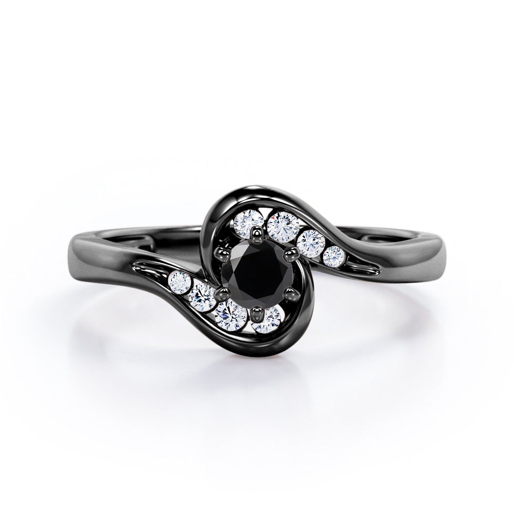 Whirly Gemstone 0.55 carat Round Black Diamond Artistic Engagement Ring in White Gold